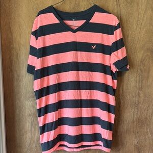 American Eagle Outfitters Coral and Dark Grey Striped Short Sleeve Tee